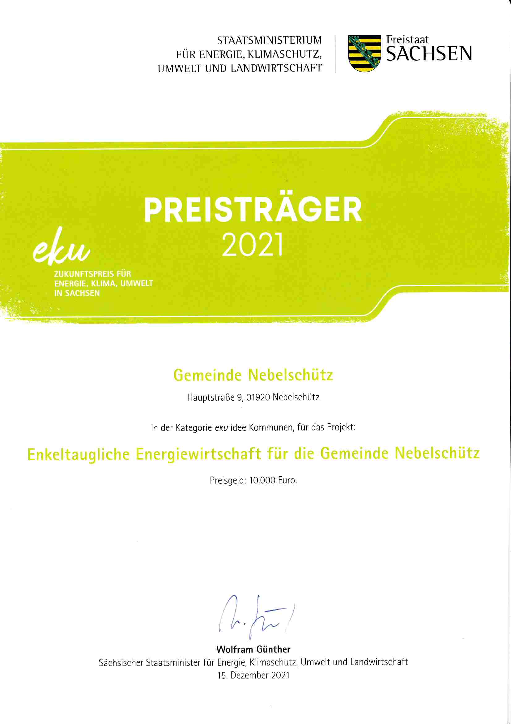 2021 EKU Zukunftspreis Zertifikat