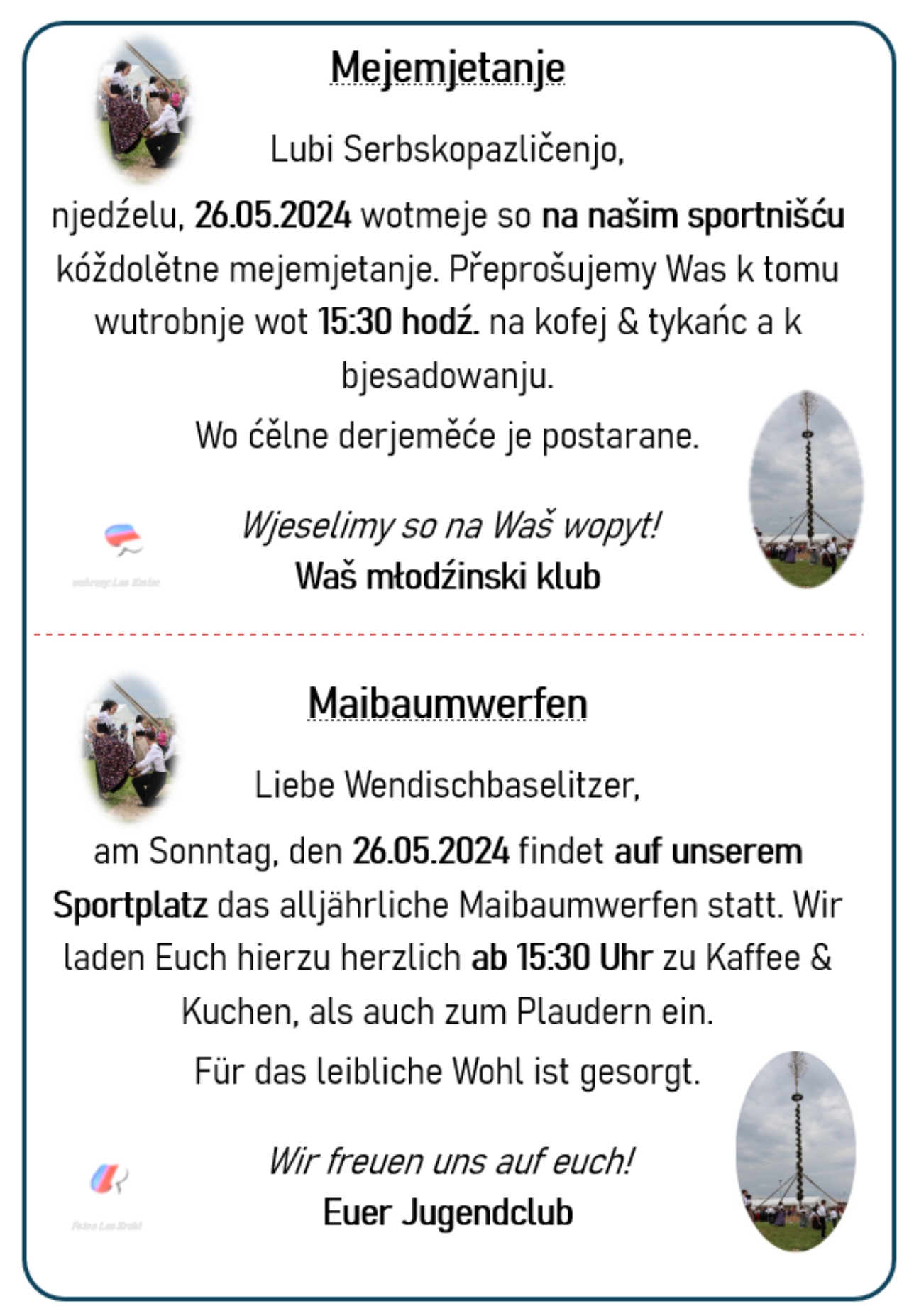 2024 05 26 Einladung Maibaumwerfen WB přeprošenje mejemjetanje SP